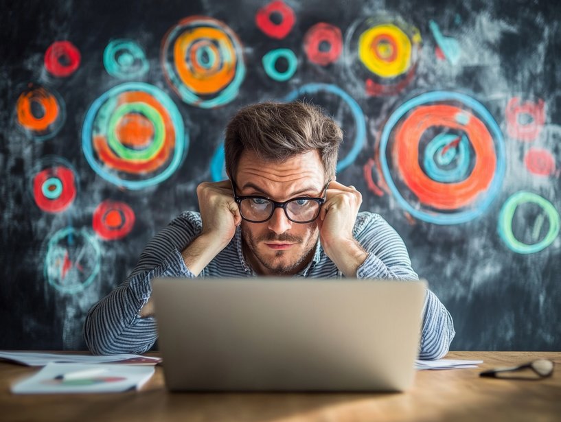 Mężczyzna w okularach analizujący kampanie Google Ads na laptopie, wyglądający na zmartwionego brakiem sprzedaży.