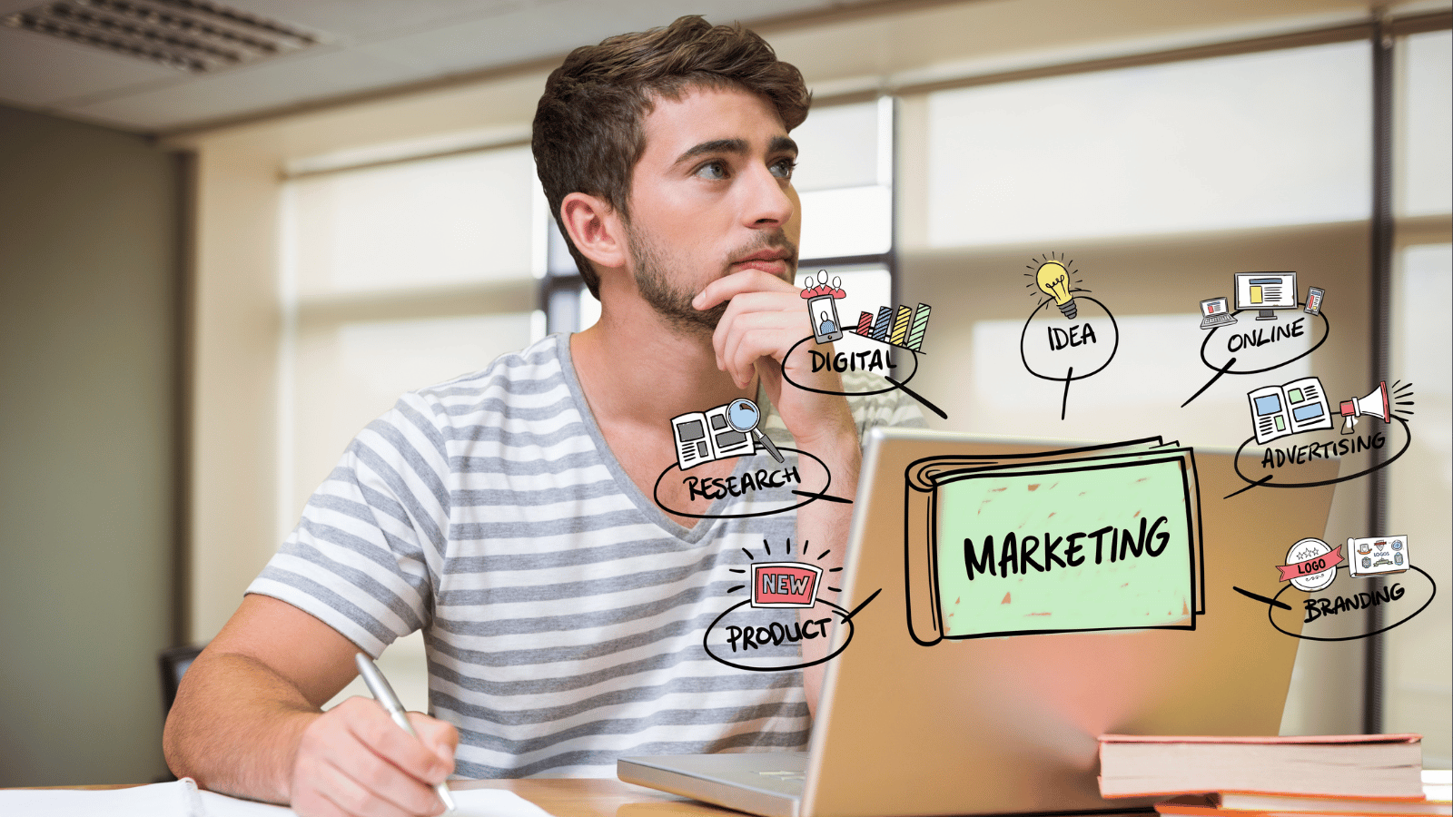 Młody specjalista ds. marketingu planuje strategię otoczony hasłami: digital, branding, reklama i research