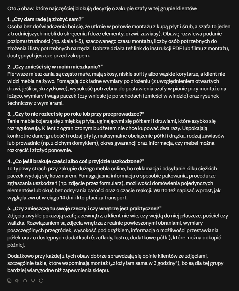 Claude AI - obawy klientów przed zakupem szafy Odpowiedź AI z listą 5 obaw klientów blokujących decyzję o zakupie szafy