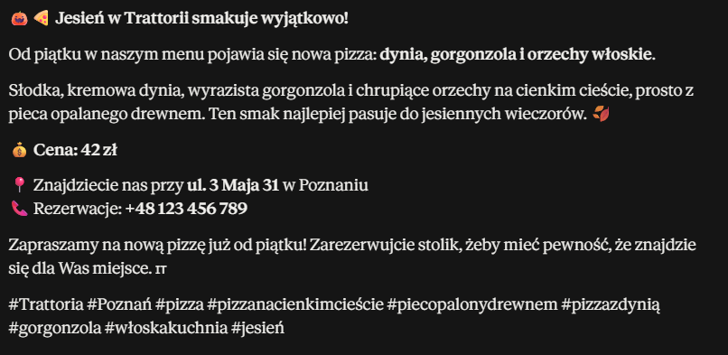 Post na Facebooka wygenerowany przez Claude Post na Facebooka o nowej pizzy z dynią, gorgonzolą i orzechami wygenerowany przez Claude.