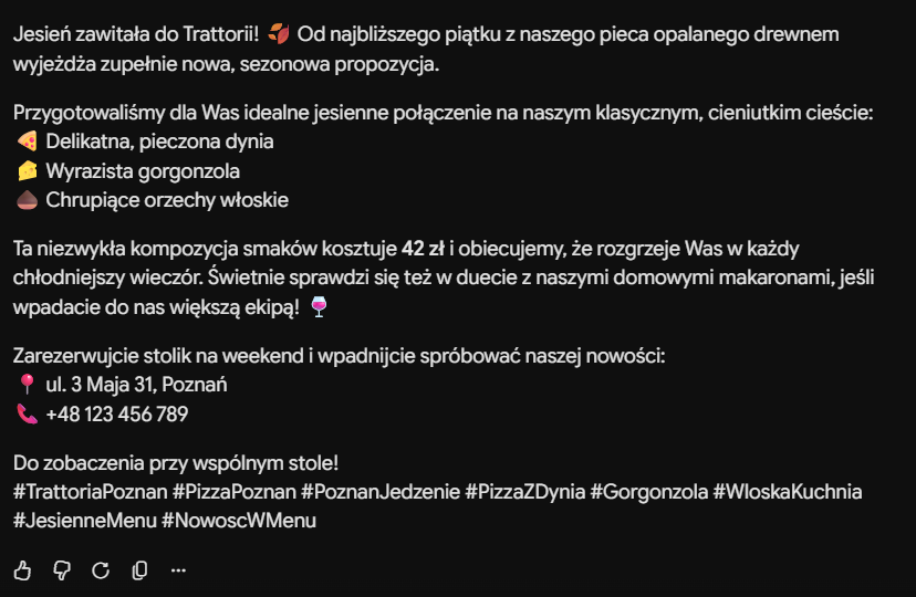 Post na Facebooka wygenerowany przez Gemini Post na Facebooka o nowej pizzy z dynią, gorgonzolą i orzechami wygenerowany przez Gemini