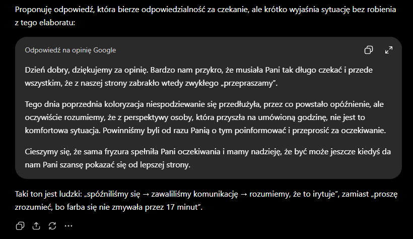 Odpowiedź na negatywną opinię w Google dla salonu fryzjerskiego wygenerowana przez ChatGPT.