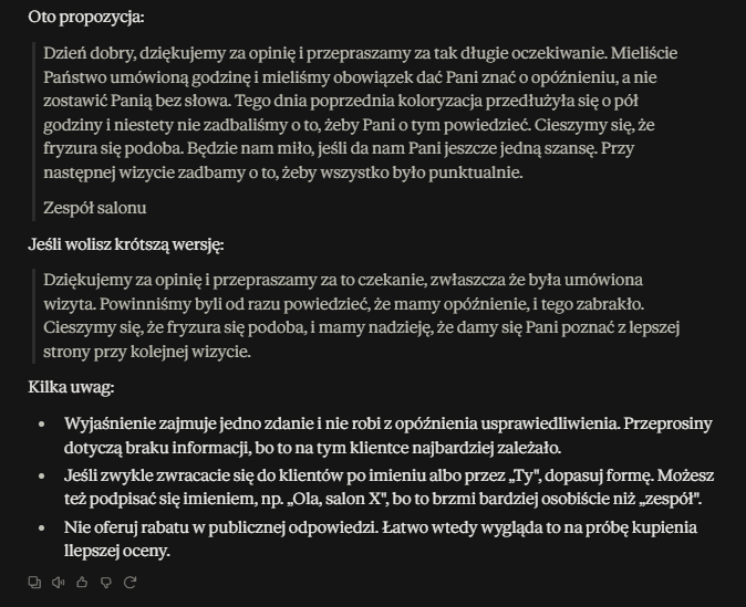 Odpowiedź na negatywną opinię w Google dla salonu fryzjerskiego wygenerowana przez Claude.