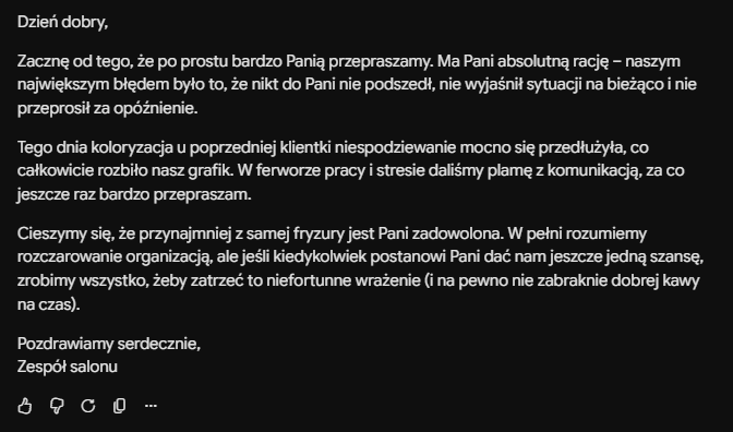 Odpowiedź na negatywną opinię w Google dla salonu fryzjerskiego wygenerowana przez Gemini.