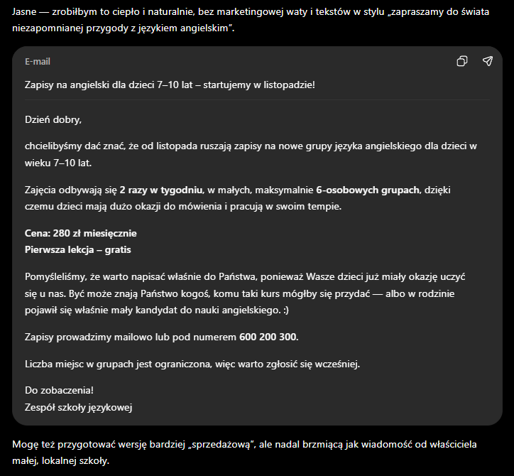 Mail do klientów szkoły językowej wygenerowany przez ChatGPT Mail do rodziców o zapisach na kurs angielskiego dla dzieci wygenerowany przez ChatGPT