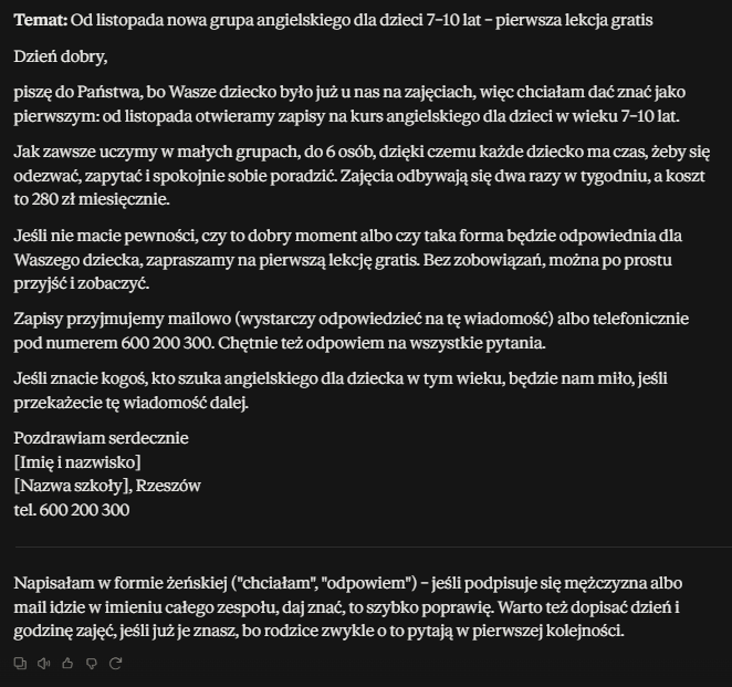 Mail do klientów szkoły językowej wygenerowany przez Claude. Mail do rodziców o zapisach na kurs angielskiego dla dzieci wygenerowany przez Claude.