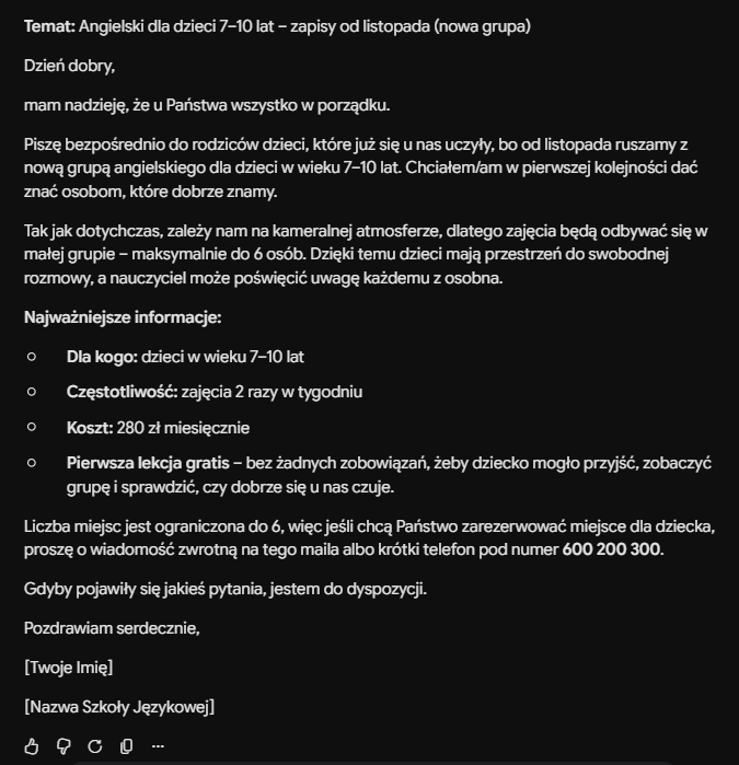 Mail do rodziców o zapisach na kurs angielskiego dla dzieci wygenerowany przez Gemini.