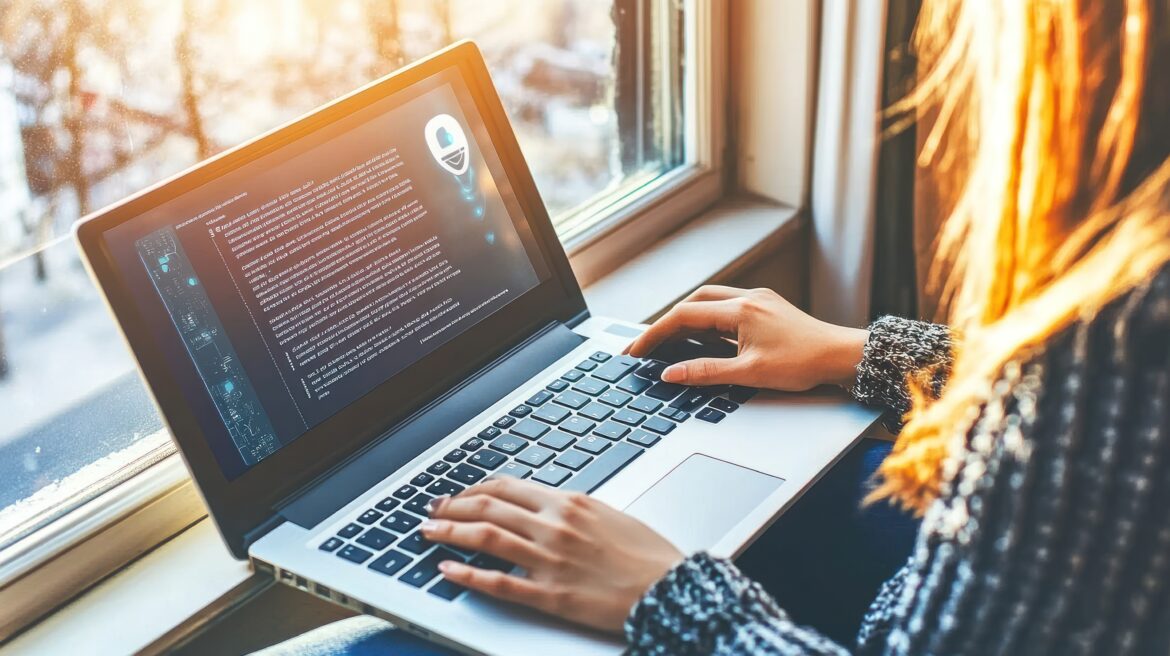 Kobieta pisze na laptopie przy oknie, a na ekranie widać tekst tworzony w narzędziu AI do tworzenia treści